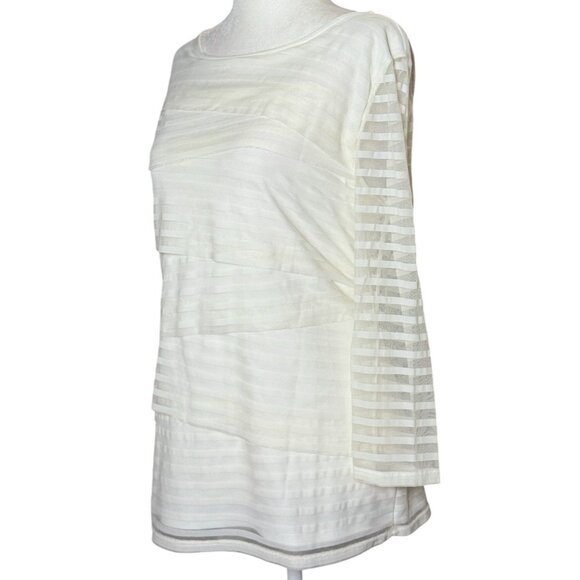 Dana Buchman Womens Size Large Blouse White Ruffle Striped Mesh 3/4 Sleeve Top - Picture 3 of 10